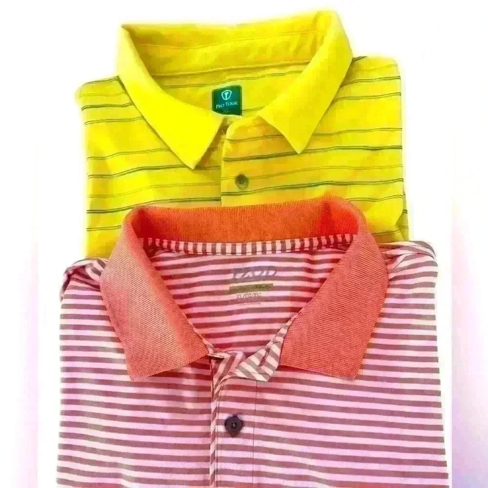 Bundle of Two Golf Polos. Izod Orange & White Stripe & Pro Tour Yellow & Blue
